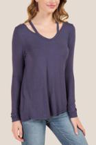Francesca's Erma Long Sleeve Clavicle Cut Out Mineral Wash Top - Navy