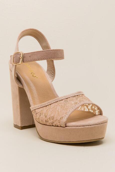 Bamboo Bambi Platform Lace Peep Toe Heel - Nude
