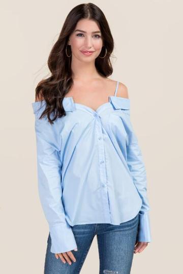 Essue Aviva Off The Shoulder Button Down Top - Oxford Blue