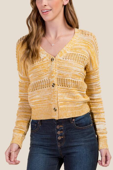 Francesca's Nora Pointelle Stitch Cropped Cardigan - Mustard