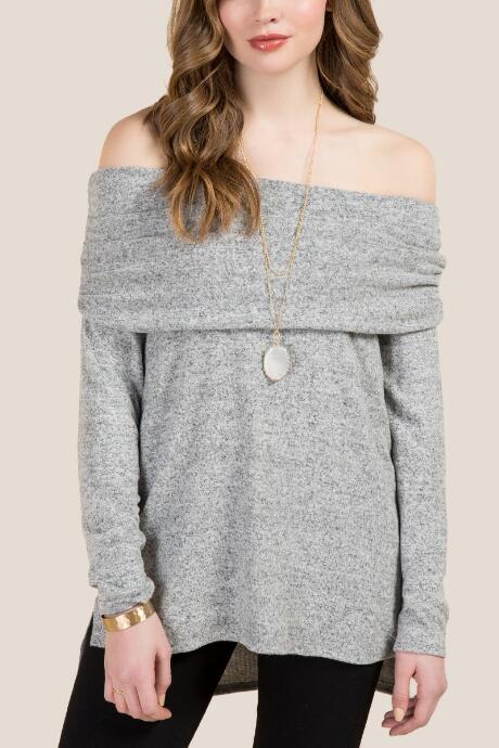 Francesca's Harmoni Fold Over Off The Shoulder Top - Heather Gray