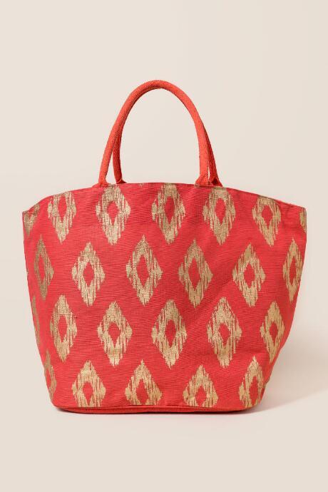 Francesca's Sage Gold Diamond Print Beach Tote - Orange