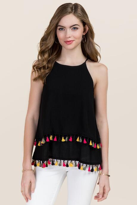 Blue Rain Callista Tiered Tassel High Neck Tank - Black