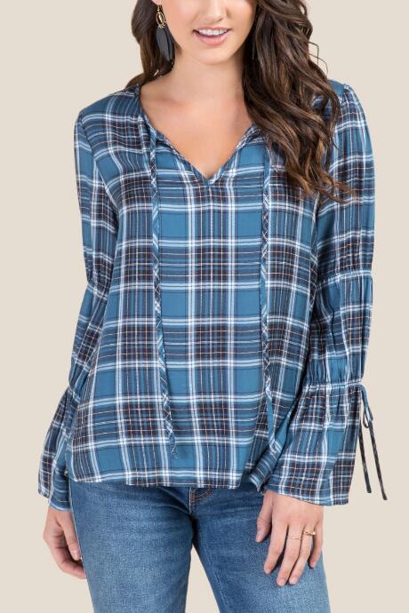 Francesca's Kathy Plaid Tie Blouse - Dark Teal