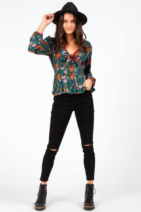 Francesca's Leana Floral Peplum Blouse - Teal