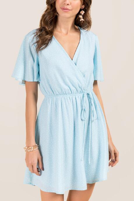 Francesca Inchess Claudia Mini Dot Faux Wrap Dress - Light Blue