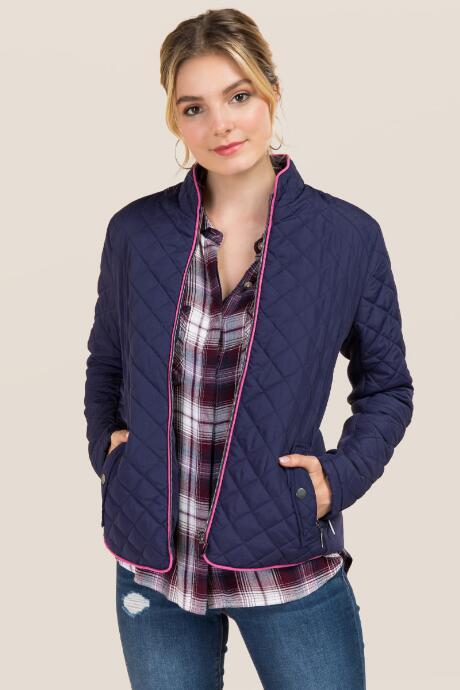 Francesca's Nina Quilted Contrast Piping Puffer - Navy
