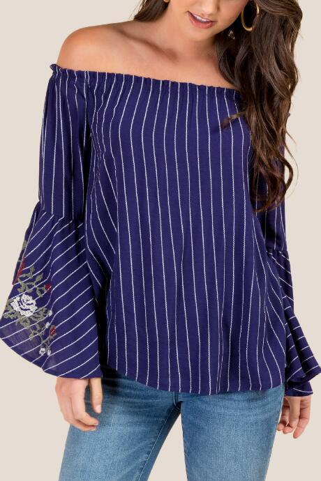 Francesca's Sonya Salsa Sleeve Embroidered Off The Shoulder Top - Navy