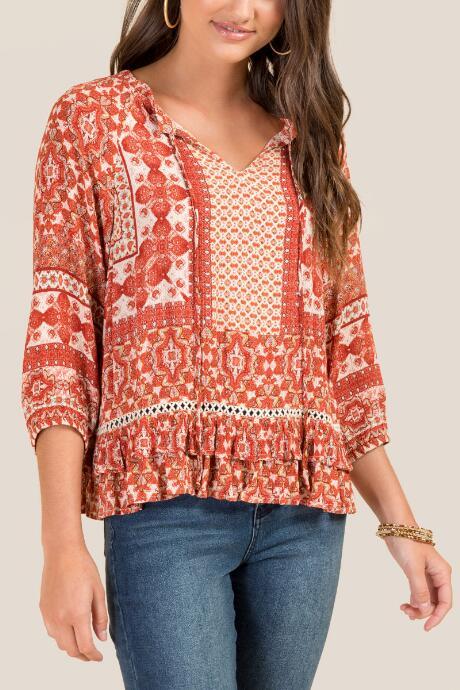 Francesca's Patricia Tie Front Peasant Top - Cinnamon