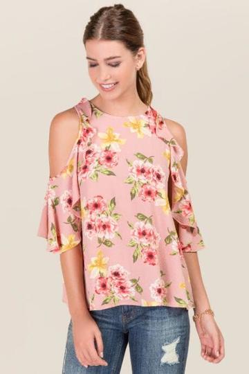 Teenplo Katelyn Floral Ruffle Cold Shoulder Top - Blush
