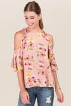 Teenplo Katelyn Floral Ruffle Cold Shoulder Top - Blush