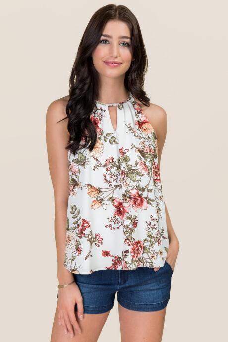 Blue Rain Karin High Neck Floral Tank - Ivory