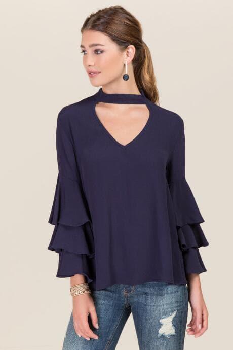 Blue Rain Ali Tiered Ruffle Sleeve Gigi Blouse - Navy