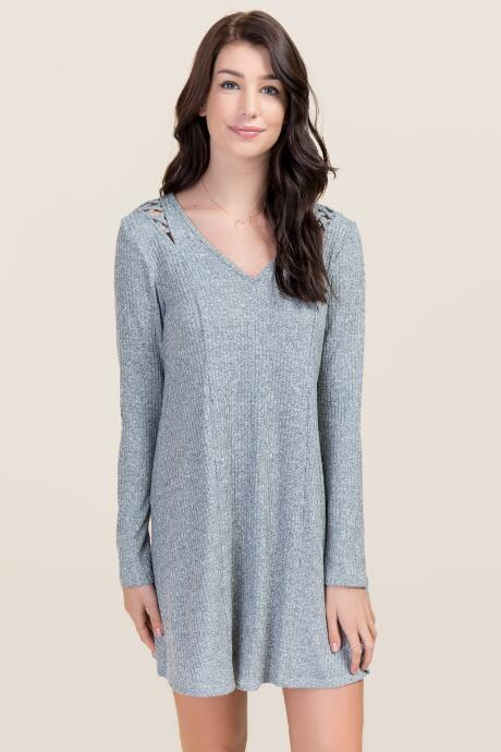 Alya Stacie Lattice Shoulder Knit Dress - Heather Gray