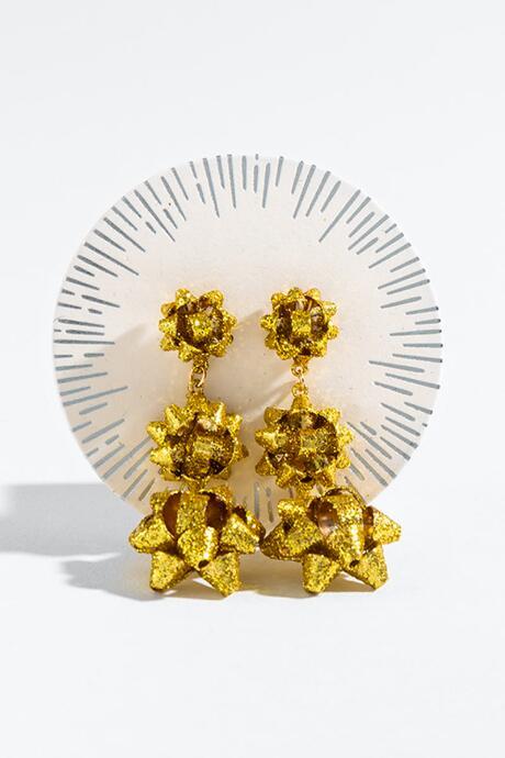 Francesca's Glitter Linear Bow Earrings - Gold
