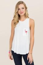 Alya Flamingo Embroidered Pocket Tank - White
