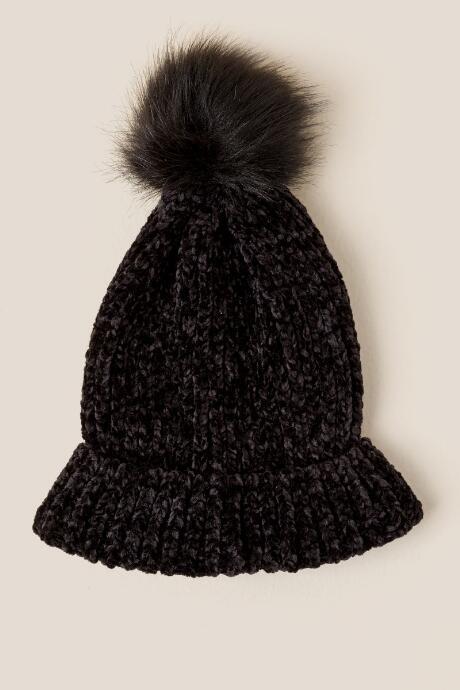 Francesca Inchess Rory Chenille Fur Pom Beanie - Black
