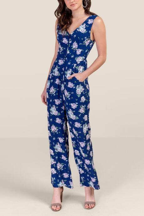 Francesca's Jasmine Button Front Jumpsuit - Navy