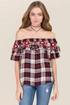 Blue Rain Isabela Embroidered Off The Shoulder Plaid Top - Red