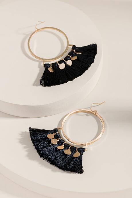 Francesca's Fria Tassel Coin Hoops - Black