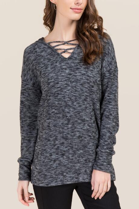 Francesca's Sara V Neck Lace Up Hoodie - Black