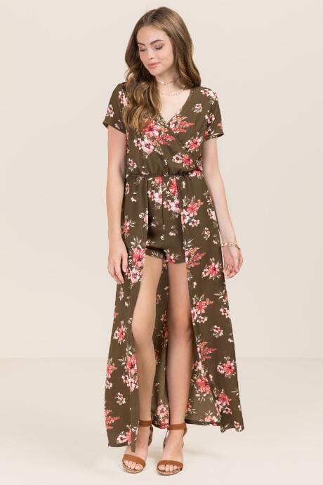 Mi Ami Aaliyah Floral Maxi Romper - Dark Olive