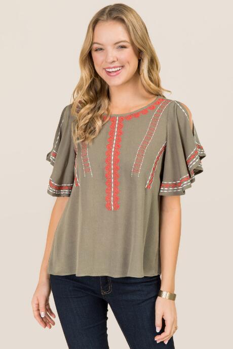 Blue Rain Cathalina Cold Shoulder Embroidered Top - Dark Olive