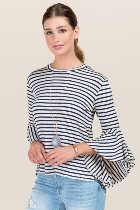 Alya Blakely Salsa Ruffle Sleeve Striped Top - Heather Oat