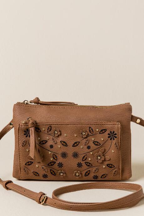 Francesca's Amanda Embroidered Floral Crossbody - Cognac