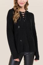 Alya Lara Destructed Lace Up Pullover Sweater - Black