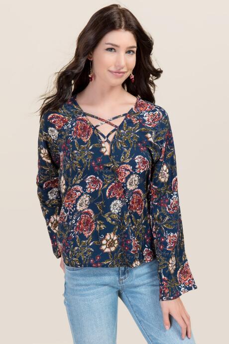 Blue Rain Jay Floral X Neck Top - Navy