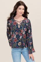 Blue Rain Jay Floral X Neck Top - Navy