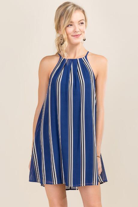 Francesca's Lia Striped Halter Shift Dress - Navy