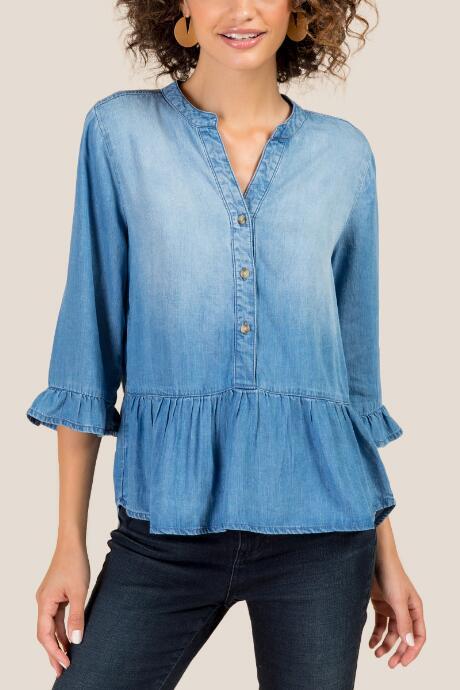 Francesca's Brooke Front Button Peplum Blouse - Medium Wash