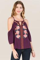 Francesca's Kathleen Embroidered Cold Shoulder Blouse - Purple