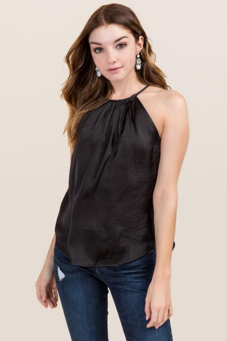 Miami Shia Hammered Satin High Neck Pleated Tank - Black