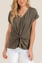 Francesca's Ellie Knot Front Cuff Sleeve Cupro Top - Dark Olive