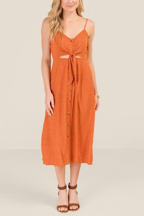 Francesca's Denise Tie Front Midi Dress - Rust