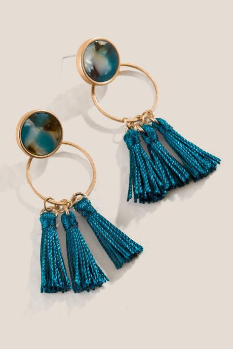 Francesca's Marilynn Marbled Resin Tassel Drop Earrings - Teal