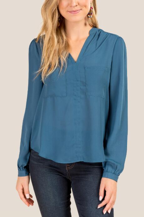 Francesca's Amanda Pocket Front Blouse - Dark Teal
