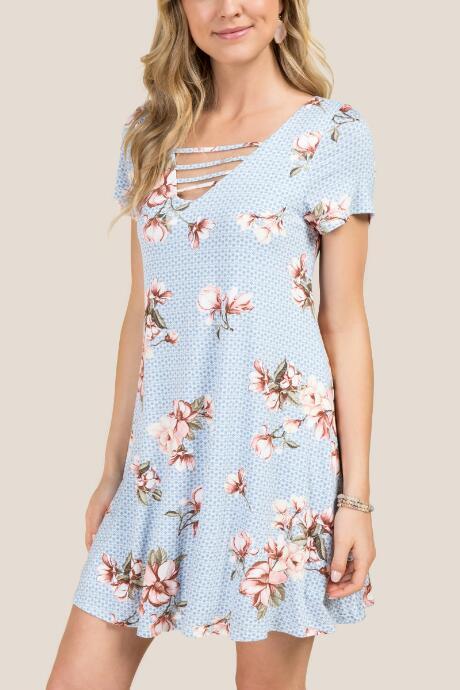 Francesca's Judy Floral Neck Strap Knit Dress - Oxford Blue