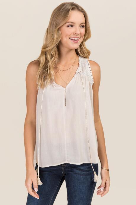 Blue Rain Jayne Embroidered Yoke Peasant Tank - Natural