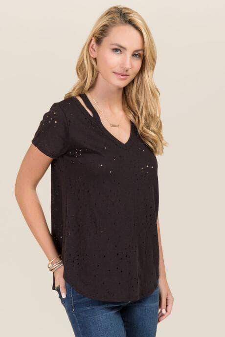 Alya Corey Cut Out Distressed Knit Tee - Black