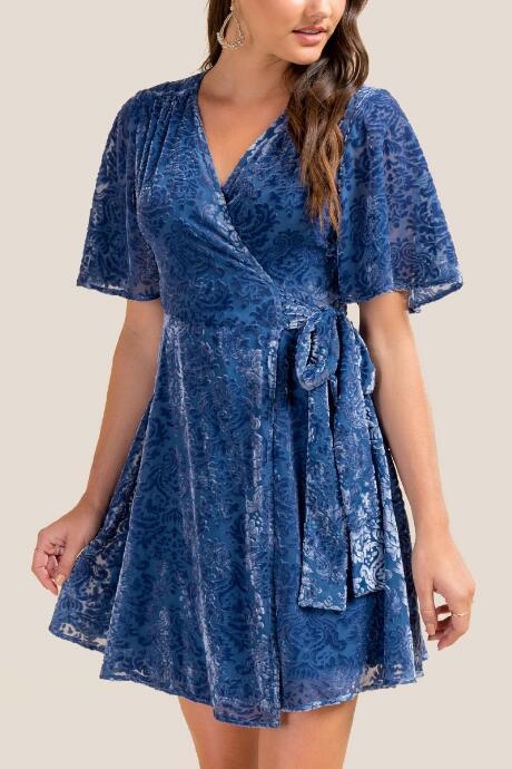 Francesca Inchess Matilda Burnout Velvet Wrap Dress - Indigo