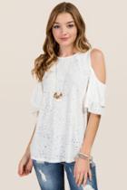 Alya Nerys Double Ruffle Cold Shoulder Distressed Knit Tee - White