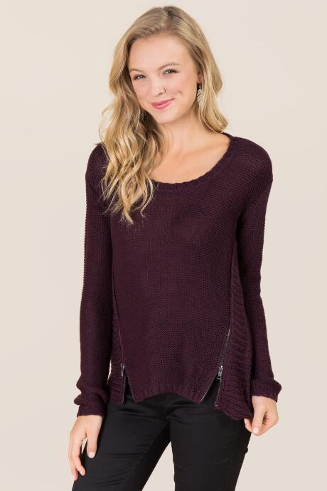 Rd International Camden Crew Neck Ribbed Zip Sweater - Purple