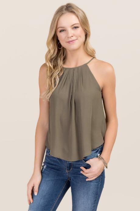 Miami Lena High Neck Pleated Tank - Dark Olive