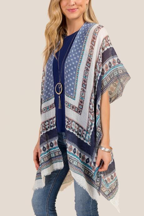 Francescas Lacie Navy Border Print Ruana - Navy