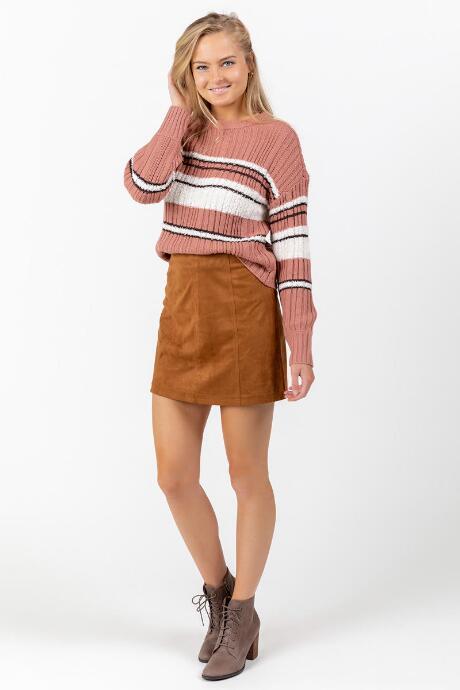 Francesca's Janella Striped Balloon Sleeve Sweater - Rose