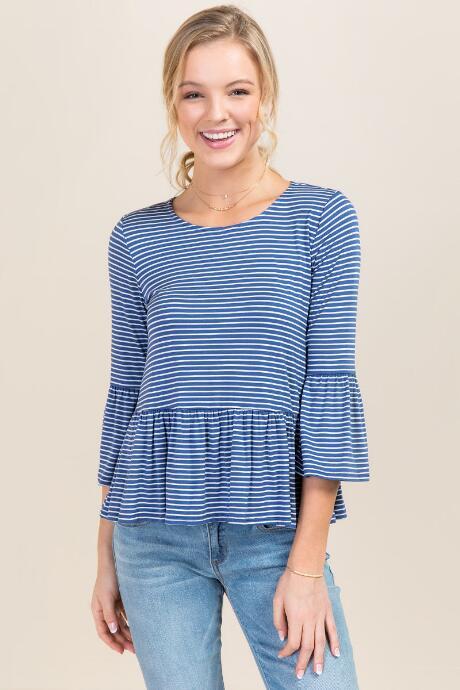 Dee Elly Annabella Stripe Peplum Top - Blue